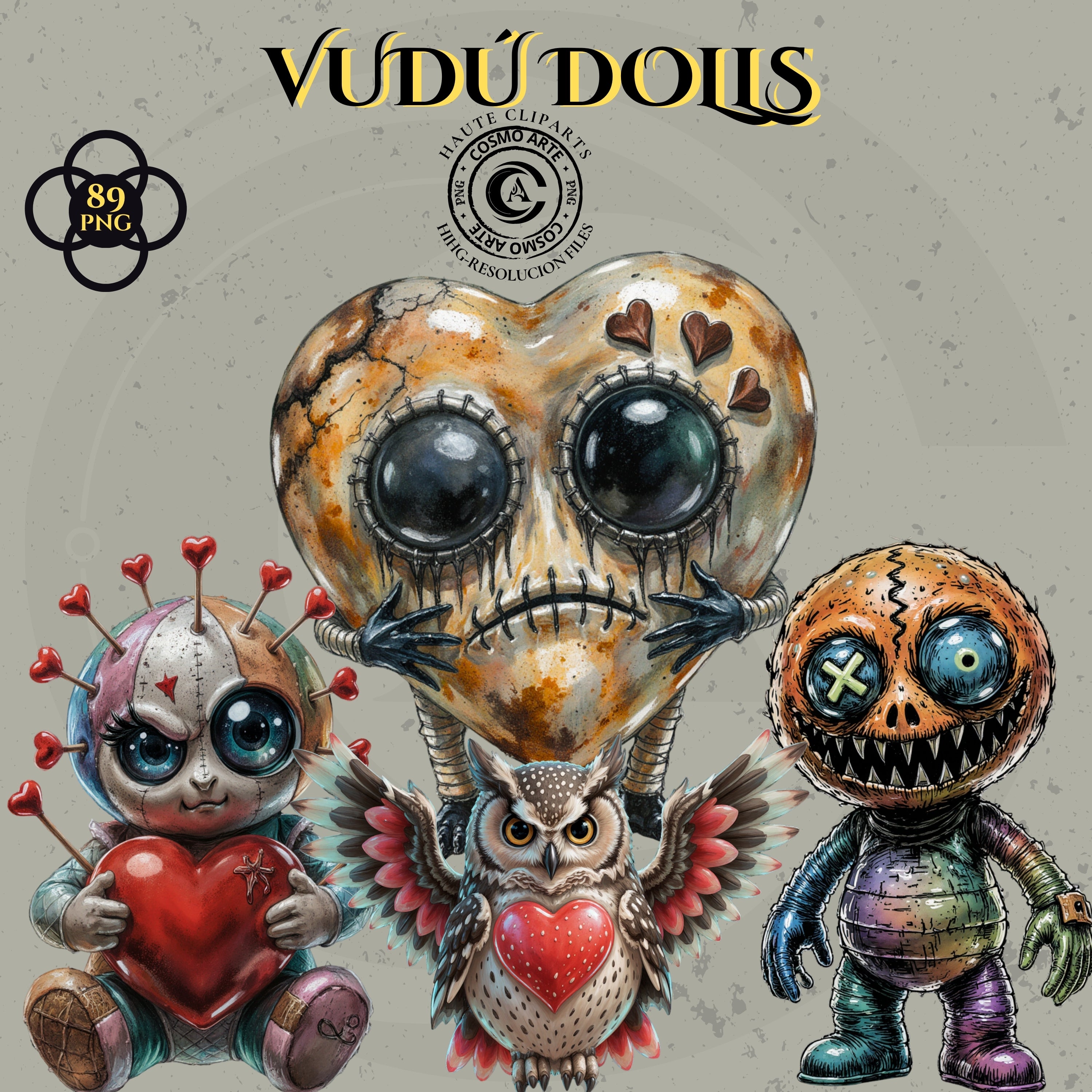 Vudú dolls – pack de cliparts horror-cute en png | alta resolución 300 dpi Collage