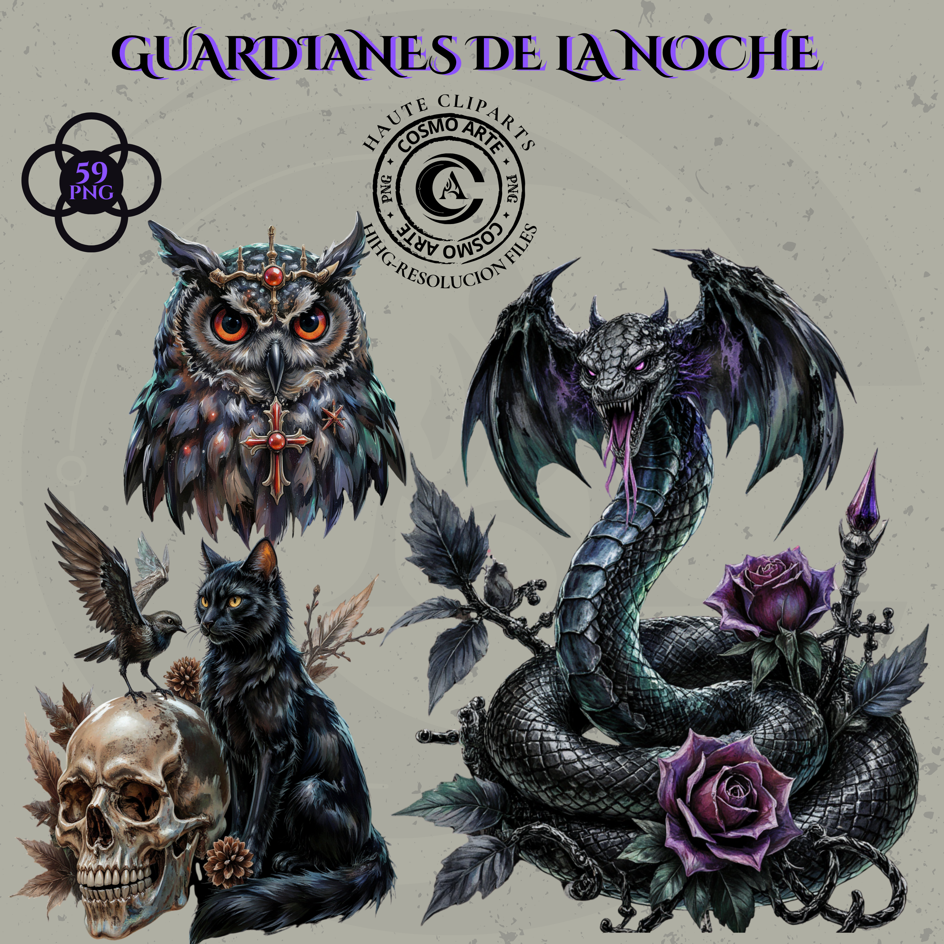 Guardianes de la noche – pack de cliparts góticos en png | alta resolución 300 dpi