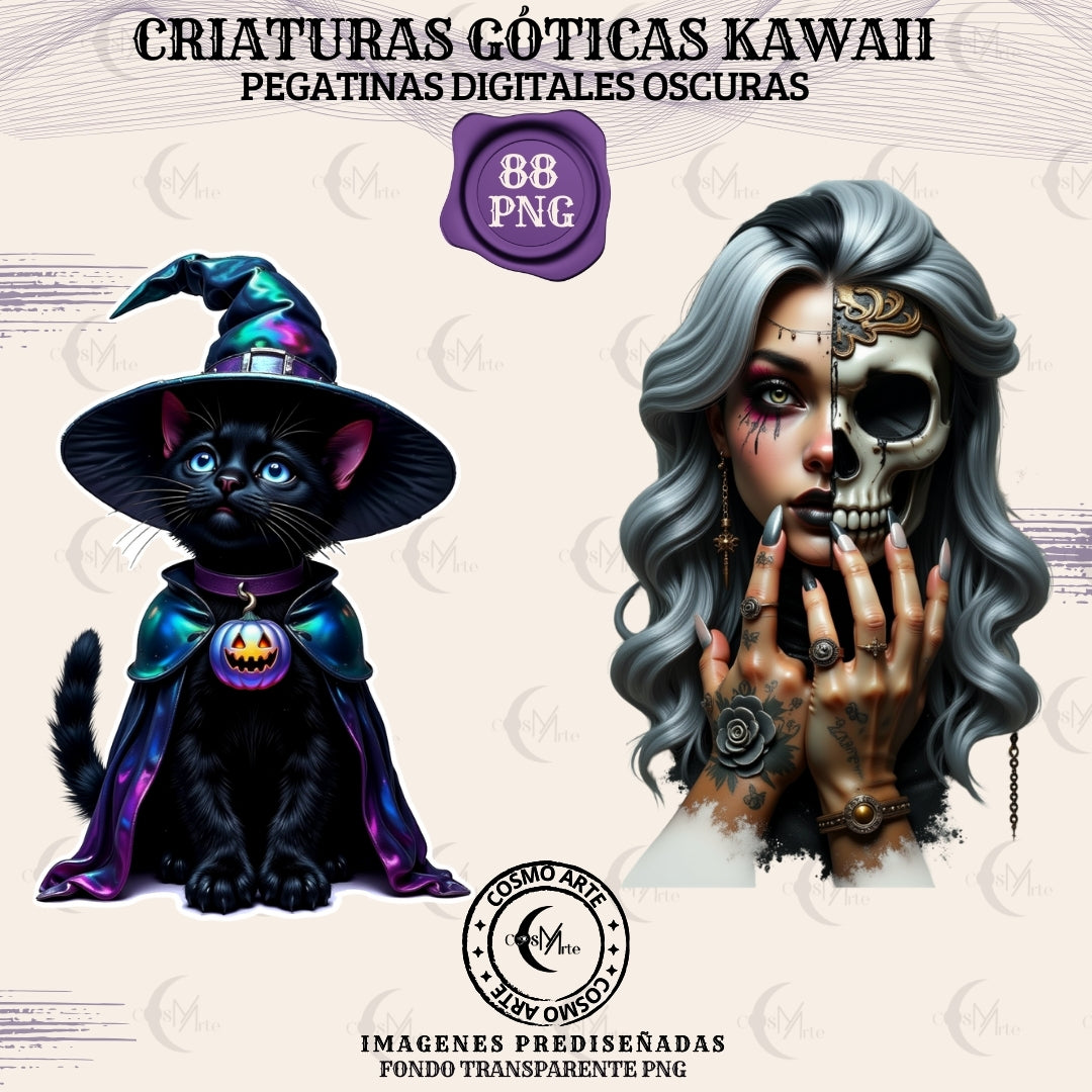 Criaturas góticas kawaii – pegatinas digitales oscuras | stickers png místicos | arte alternativo esotérico