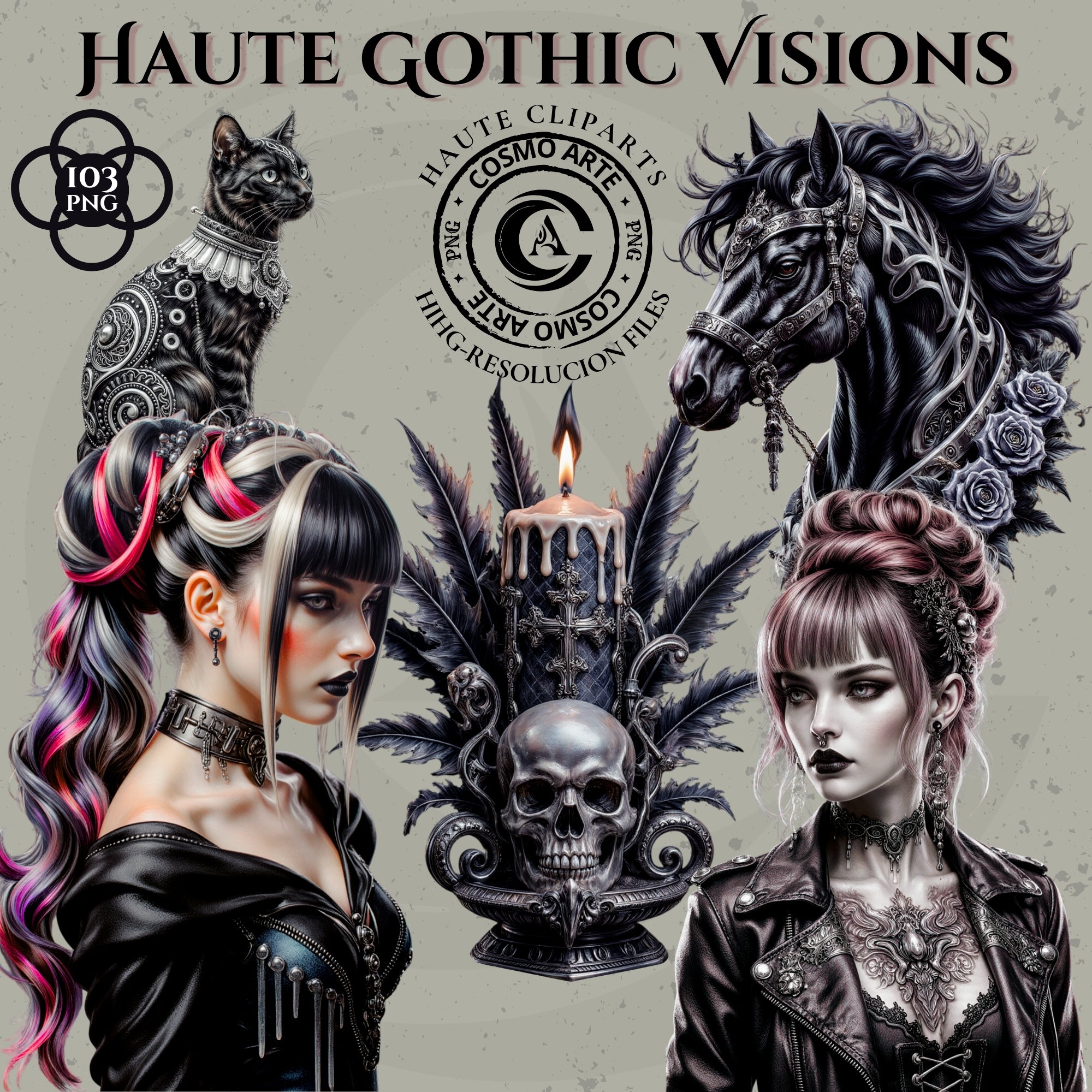 Clipart Gótico Oscuro PNG – Arte Digital de Brujas, Magia, Símbolos Místicos, Stickers Estéticos para Scrapbooking y Diseño POD