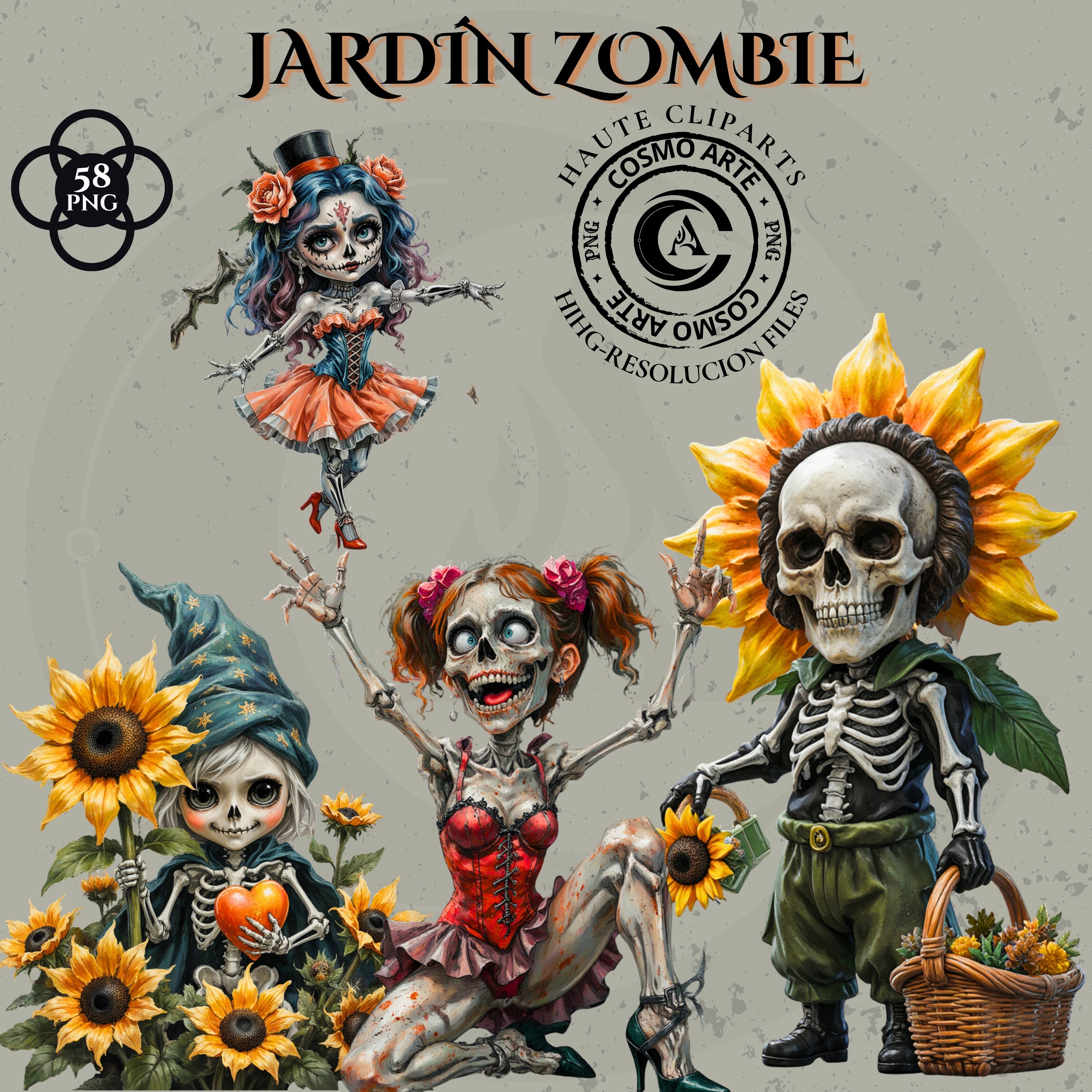 Jardín Zombi – Cliparts Místicos de Nomos, Calaveras y Flores Góticas
