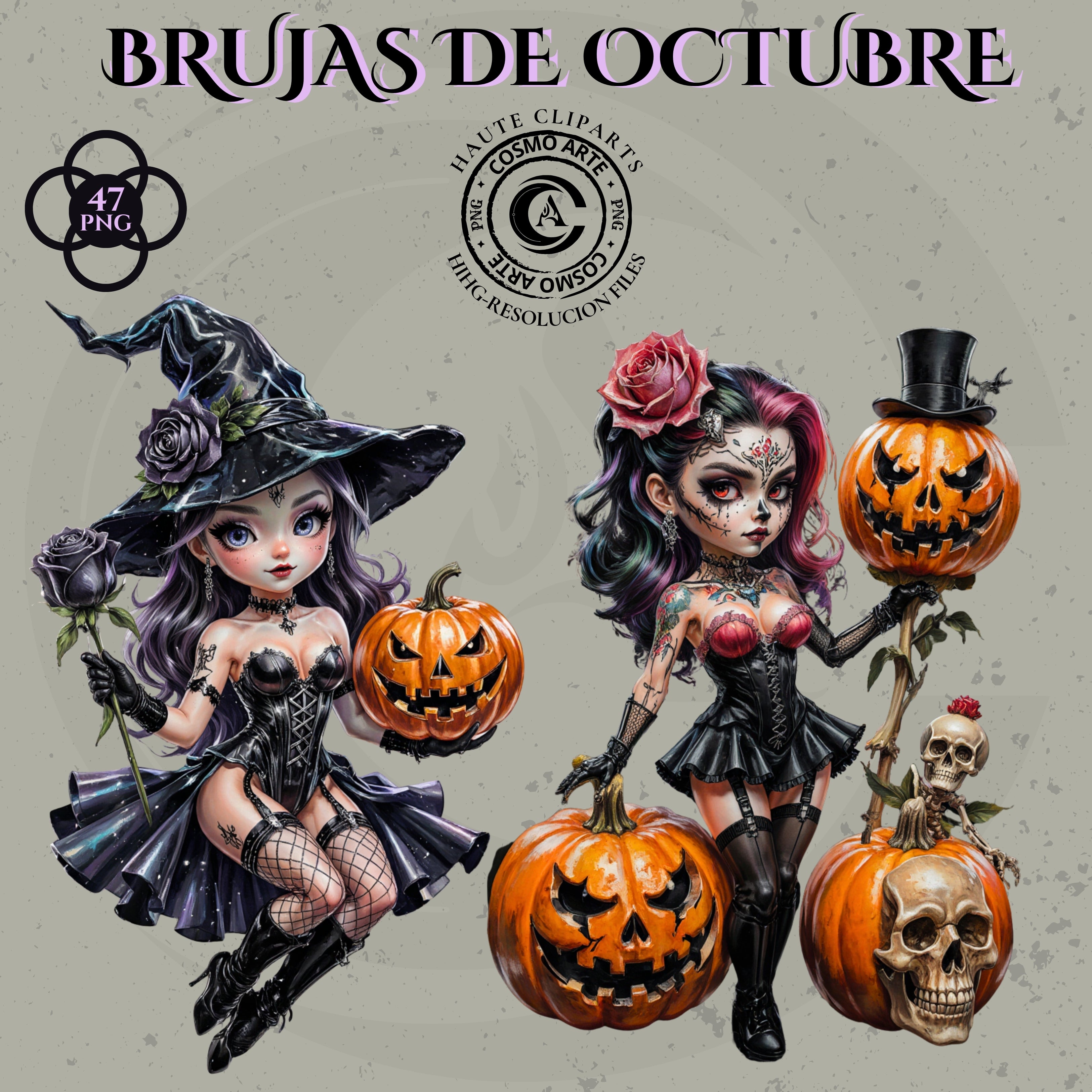 Brujas de octubre – pack de cliparts de halloween en png | arte digital mágico 300 ppp