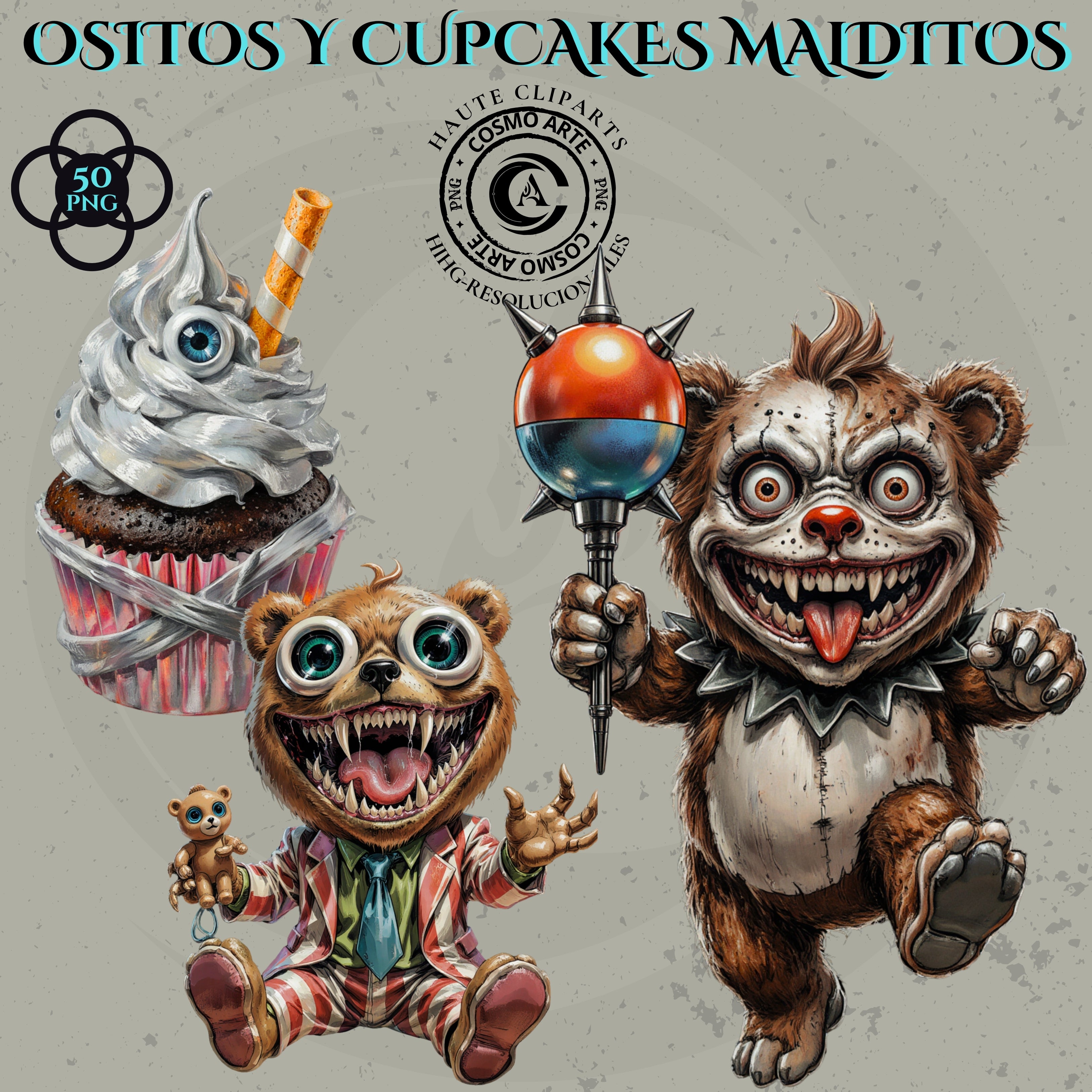ositos y cupcakes malditos – pack de cliparts horror-cute en png | alta resolución 300 dpi