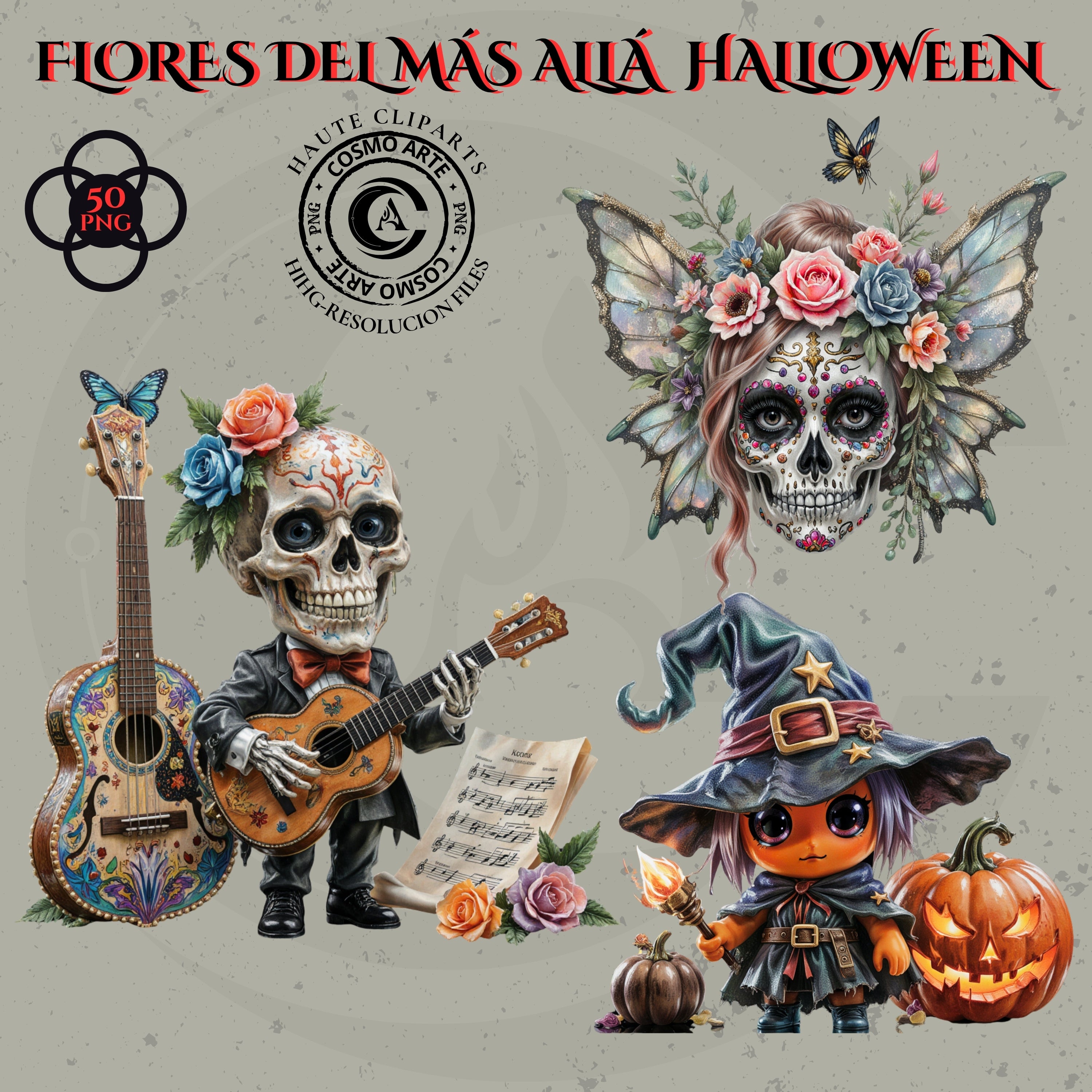 Flores del mas alla halloween,pack de cliparts góticos PNG
