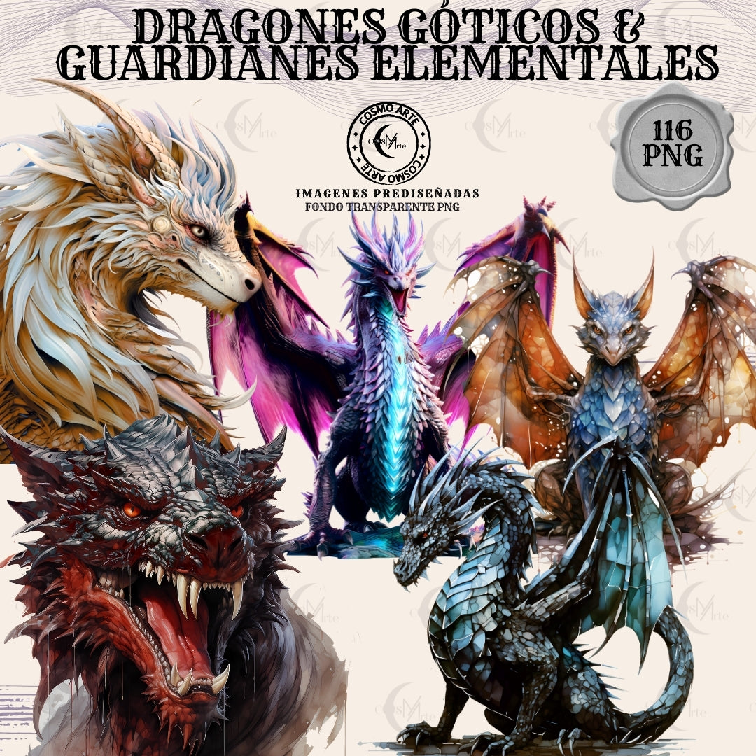 Dragones góticos & guardianes elementales – 116 stickers en png fondo transparente