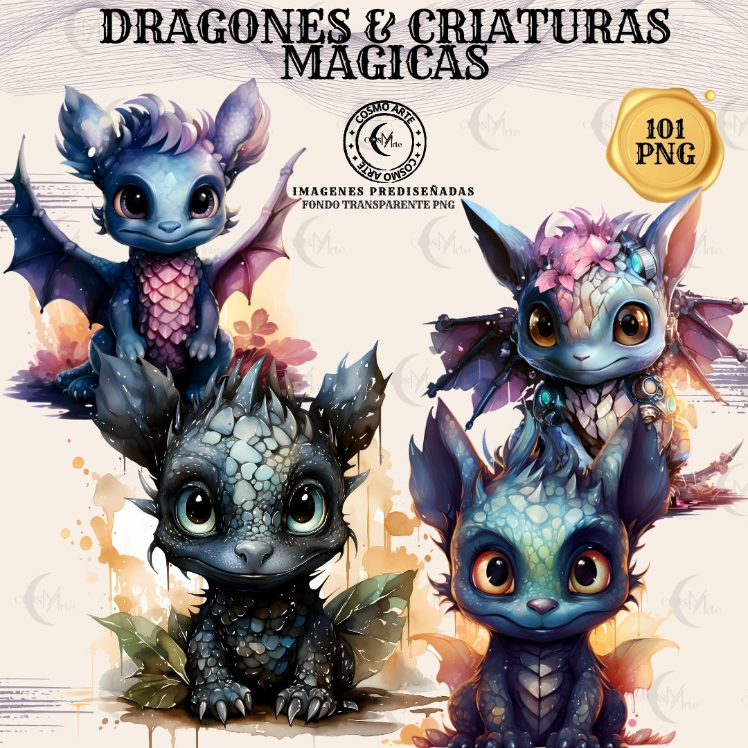 Dragones & criaturas mágicas bebé – 101 stickers en png fondo transparente