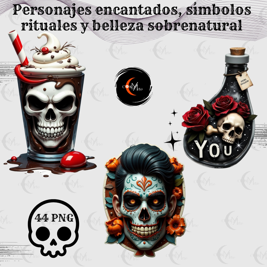 Pack de 44 Imágenes Prediseñadas – Arte Oscuro, Calaveras y Brujería Estética | PNG Descargable