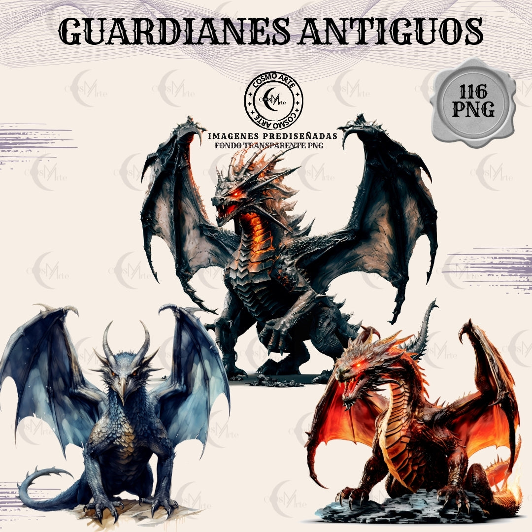 Dragones góticos & guardianes elementales – 116 stickers en png fondo transparente