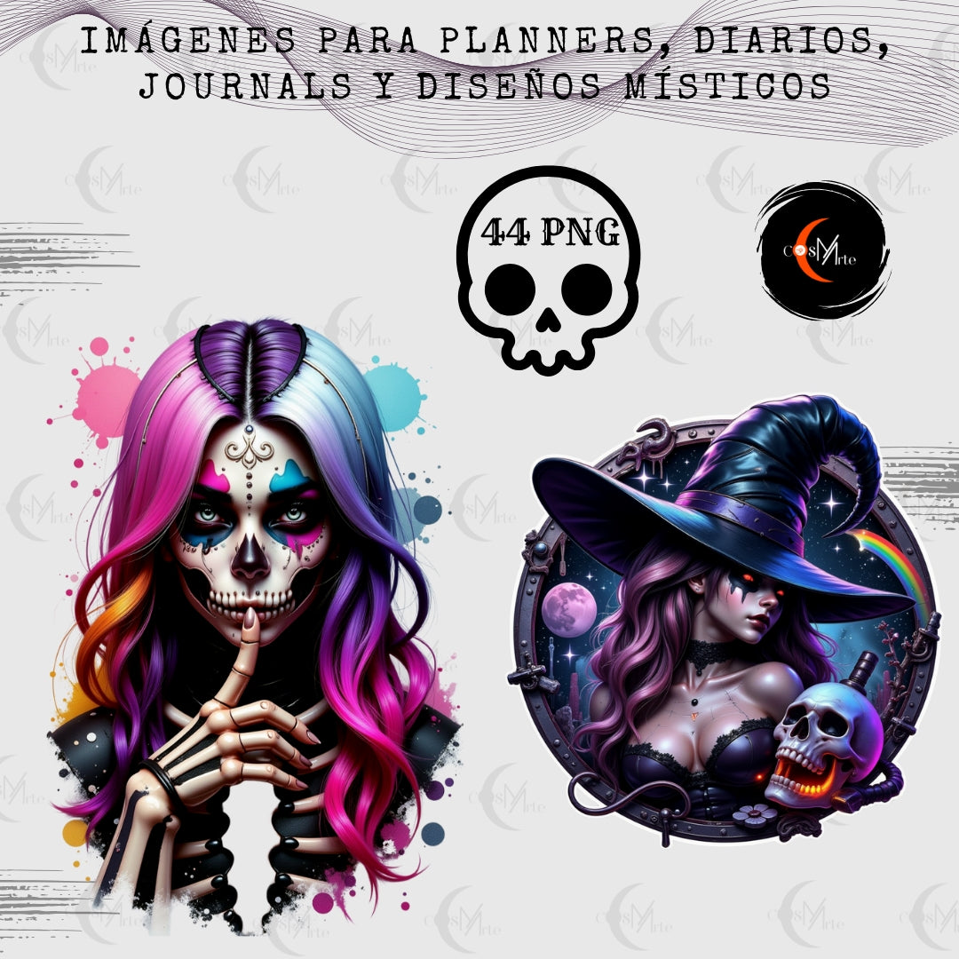 Pack de 44 Imágenes Prediseñadas – Arte Oscuro, Calaveras y Brujería Estética | PNG Descargable