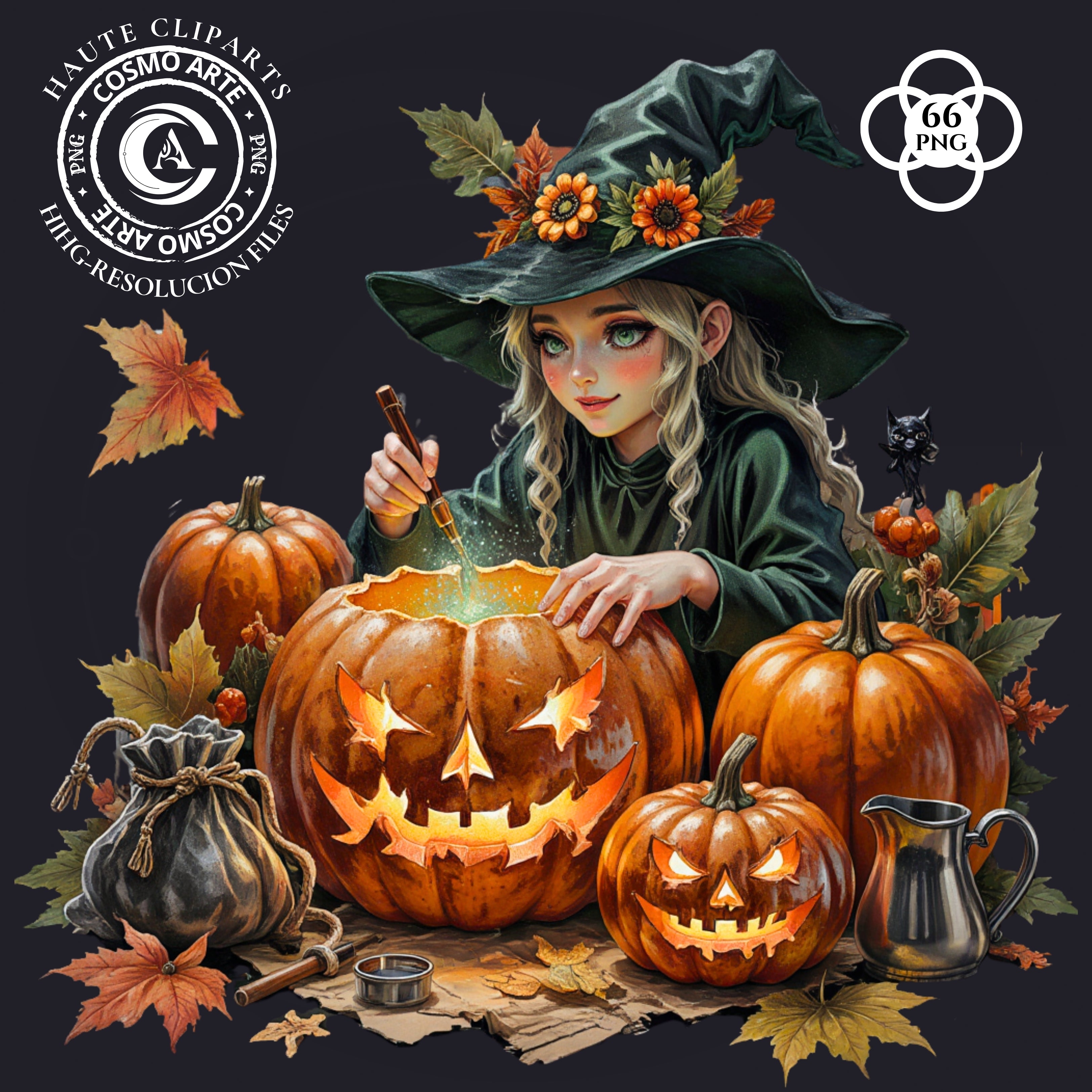 Brujas de octubre – pack de cliparts de halloween en png | arte digital mágico 300 ppp