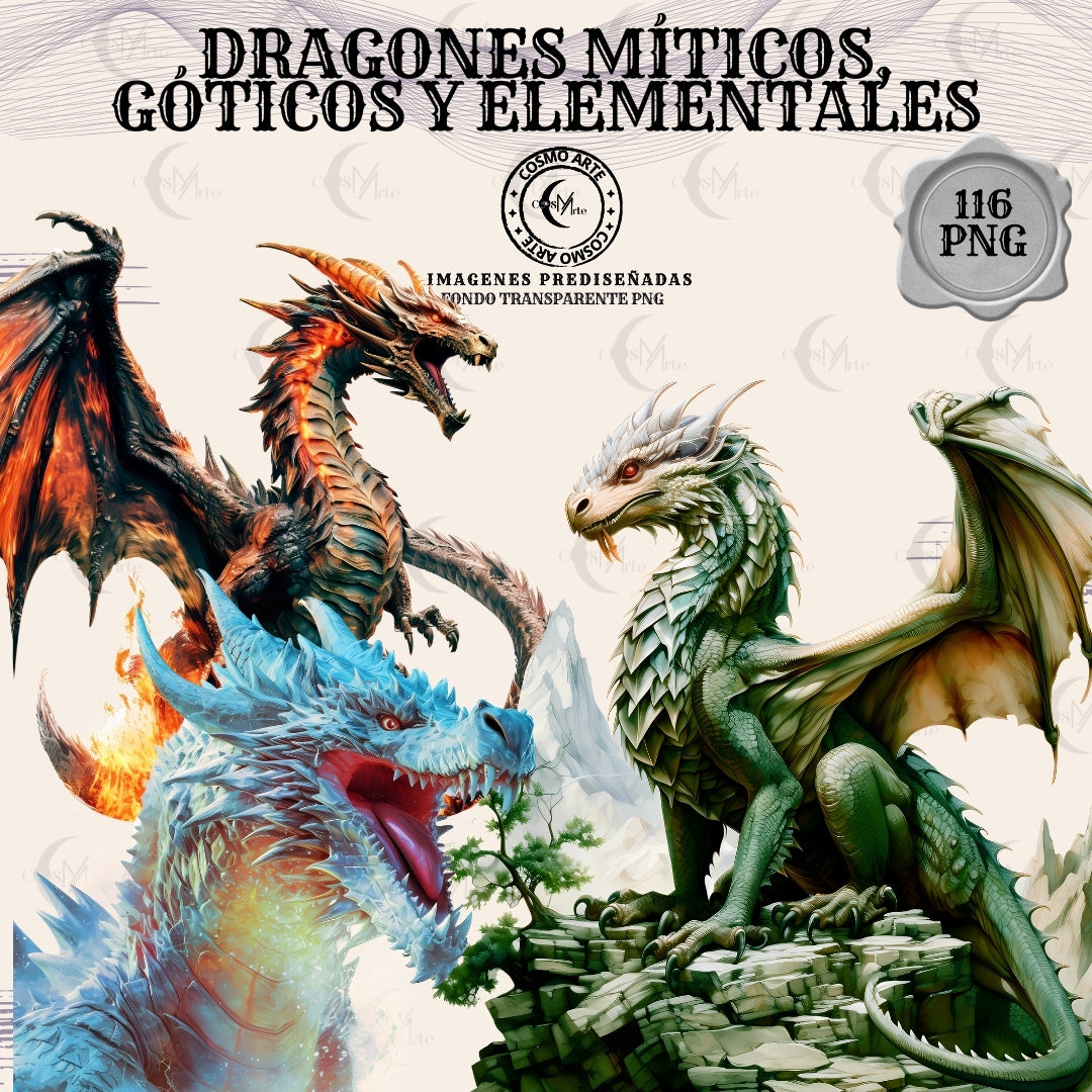 Dragones góticos & guardianes elementales – 116 stickers en png fondo transparente