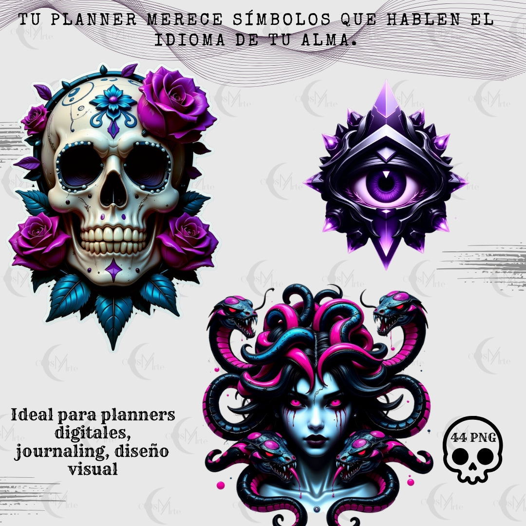 Pack de 44 Imágenes Prediseñadas – Arte Oscuro, Calaveras y Brujería Estética | PNG Descargable