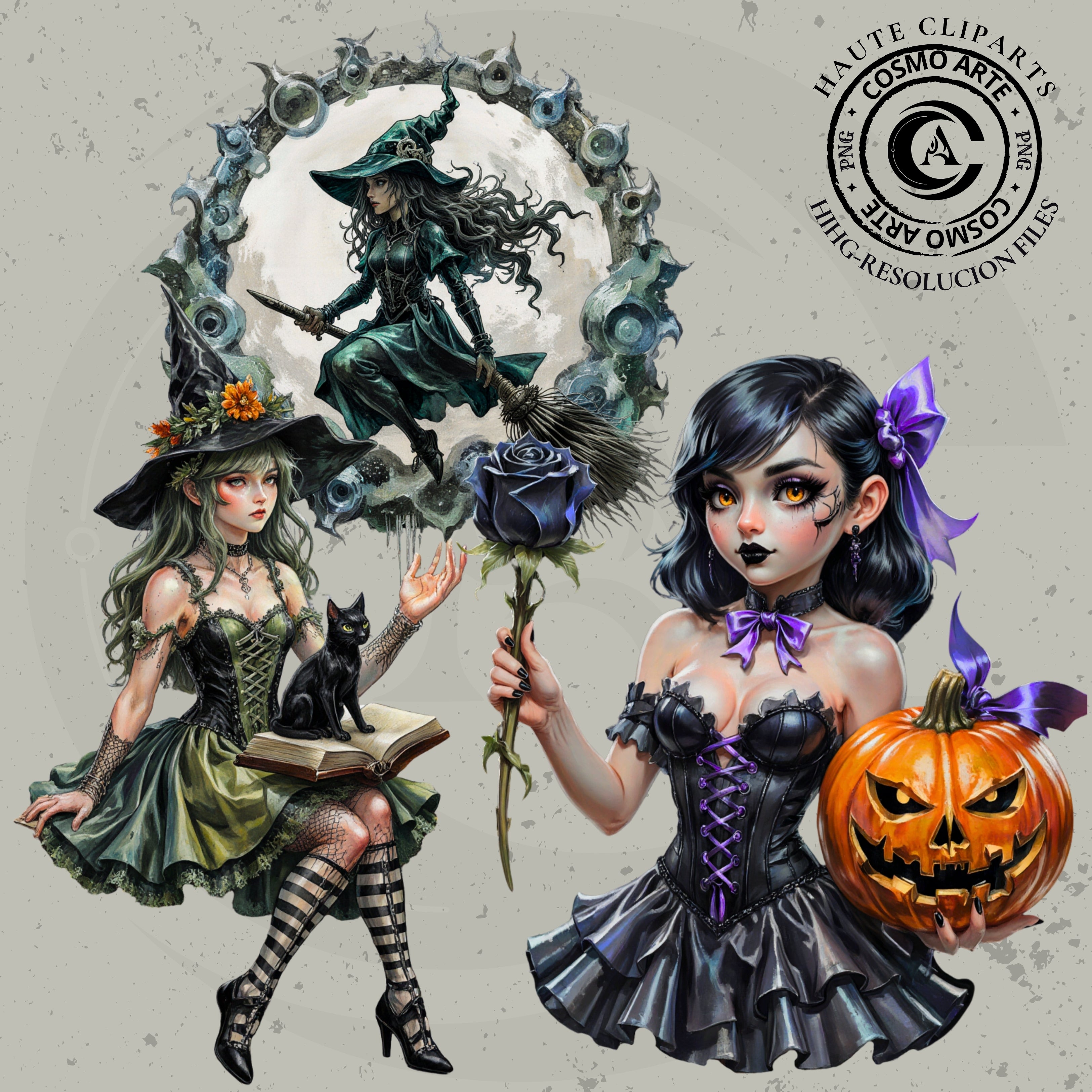 Brujas de octubre – pack de cliparts de halloween en png | arte digital mágico 300 ppp