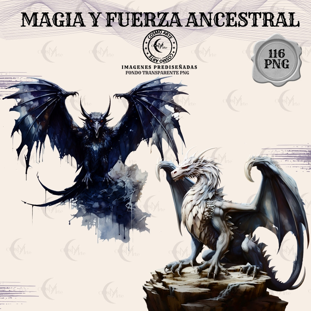 Dragones góticos & guardianes elementales – 116 stickers en png fondo transparente