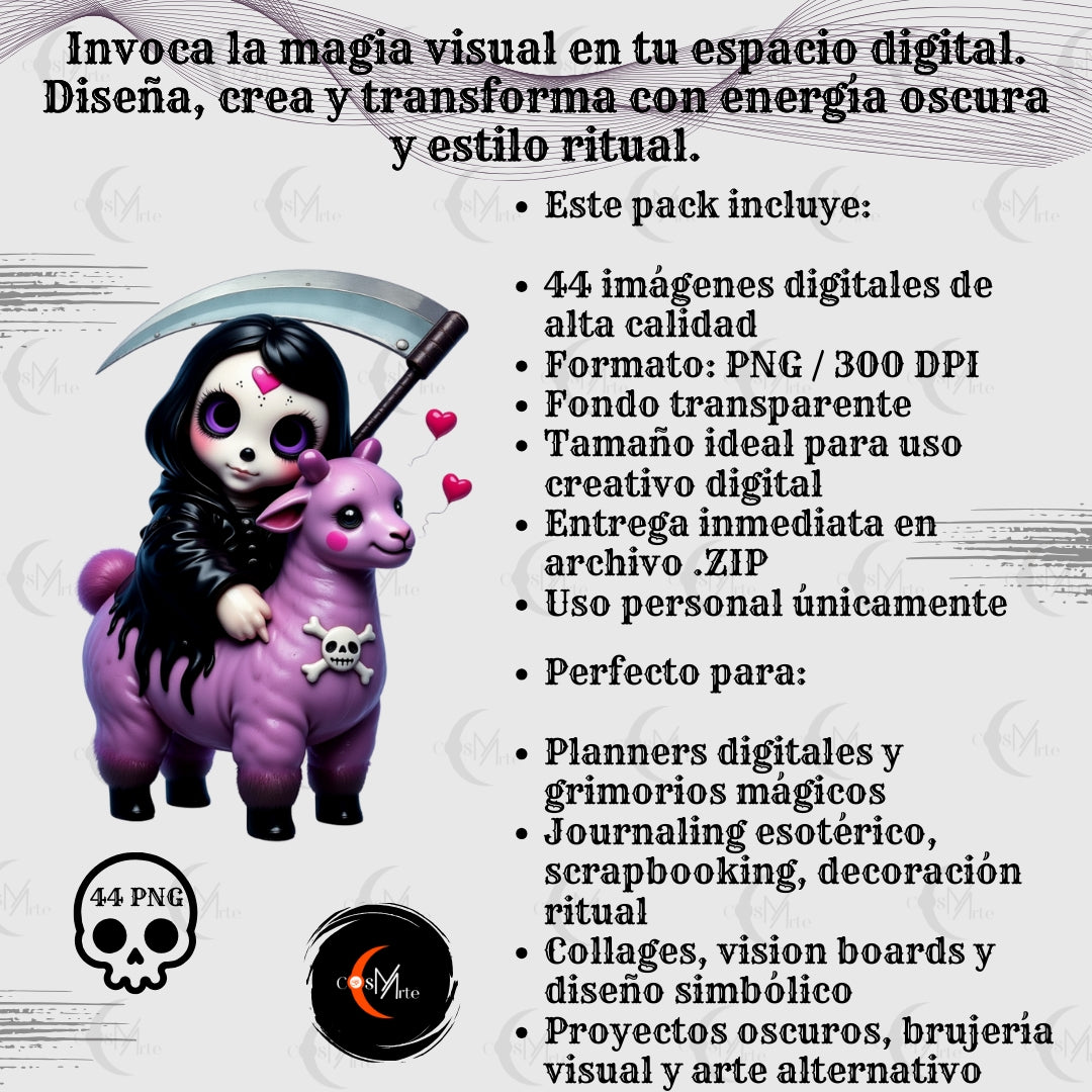 Pack de 44 Imágenes Prediseñadas – Arte Oscuro, Calaveras y Brujería Estética | PNG Descargable