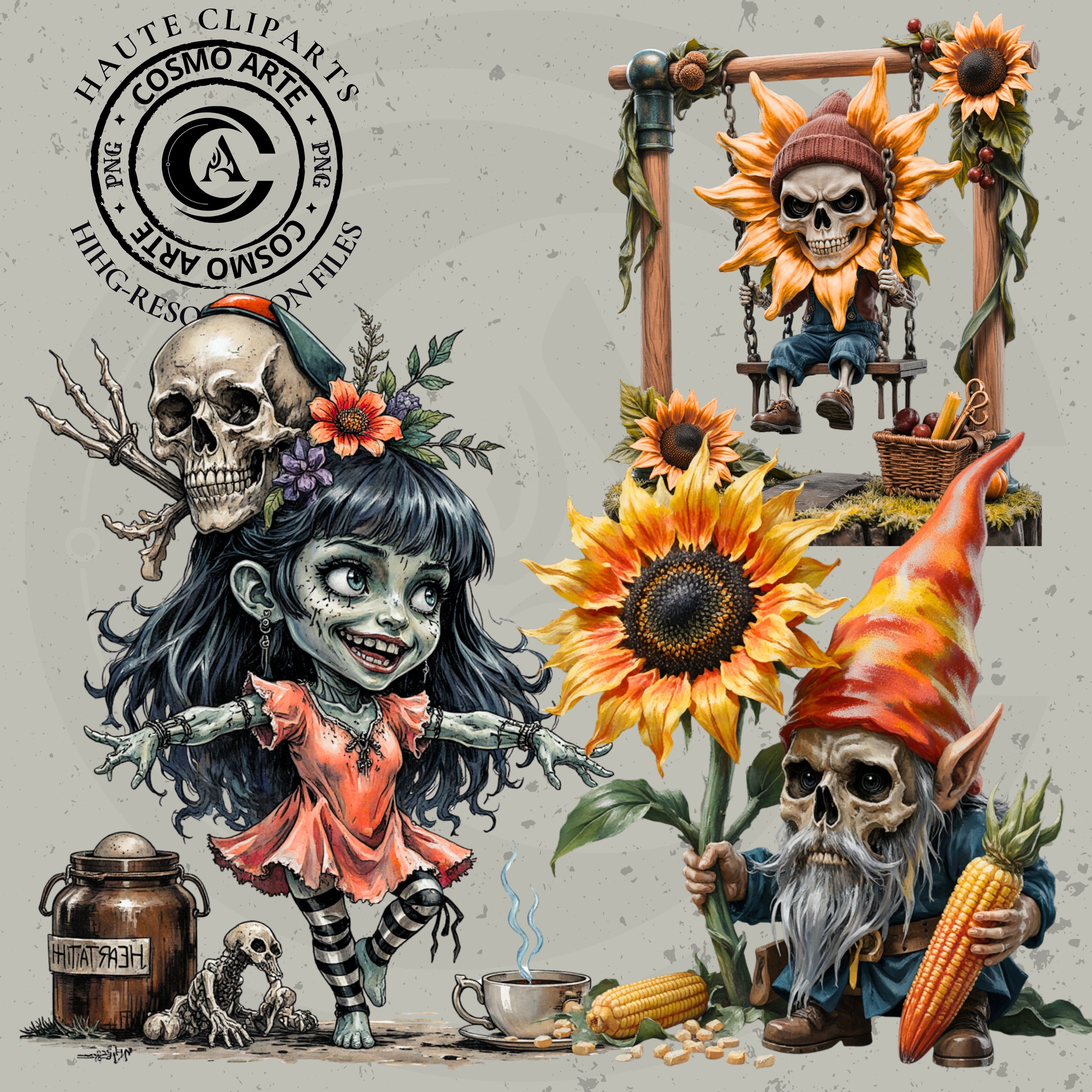 Jardín Zombi – Cliparts Místicos de Nomos, Calaveras y Flores Góticas